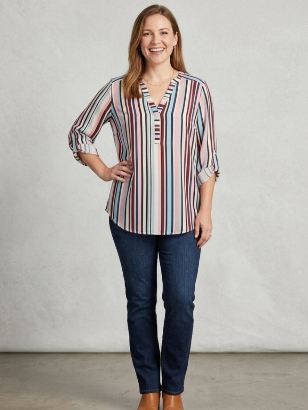 Torrid 1 Harper Chiffon Striped Blouse 3/4 Sleeve Roll Tab V-Neck Coastal Preppy